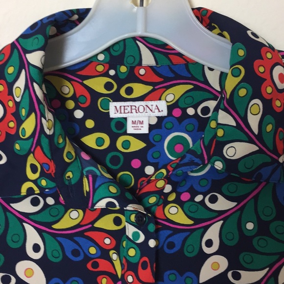 Merona Blue Floral Half Button Down Blouse - Picture 4 of 7